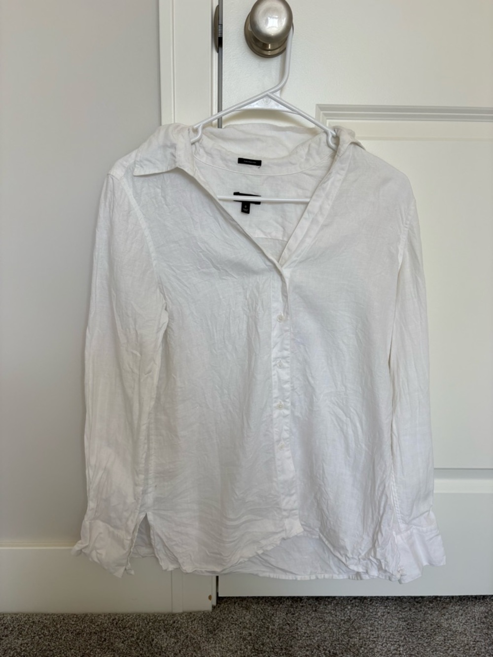 100% Irish linen v neck button down long sleeve shirt white